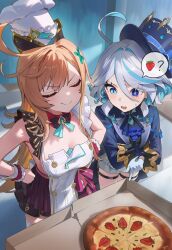 Rule 34 | 2girls, ?, armpits, blue eyes, blue hair, blush, breasts, chef hat, closed eyes, coat, confused, dress, drop-shaped pupils, escoffier (genshin impact), food, fruit, furina (genshin impact), genshin impact, gloves, grey hair, hair ornament, handkerchief, hands on own hips, hat, heterochromia, long hair, looking down, medium breasts, multicolored hair, multiple girls, open mouth, orange hair, pizza, pointing, shuraillusts, smile, strawberry, symbol-shaped pupils, teardrop, top hat, two-tone hair, wrist cuffs, x hair ornament