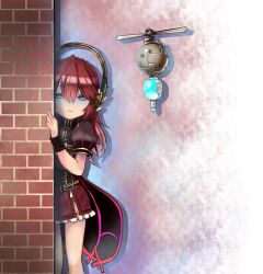 Rule 34 | 1girl, ajitarou (setsu), automedic alma, blue eyes, brick, drone, emil chronicle online, empty eyes, frilled skirt, frills, headphones, miniskirt, peeking out, red hair, skirt, standing