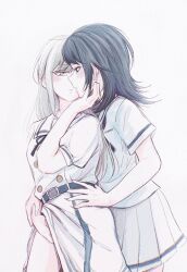 2girls bang_dream! bang_dream!_it&#039;s_mygo!!!!! black_hair blue_eyes blush commentary dress fingering green_hair hanasakigawa_school_uniform hand_on_another&#039;s_face hand_on_another&#039;s_waist highres long_hair multiple_girls parted_lips pleated_skirt reach-around school_uniform shirt simple_background skirt tsukinomori_school_uniform wakaba_mutsumi white_background white_dress white_shirt white_skirt yahata_umiri yakaze_(yakaze1604) yellow_eyes yuri