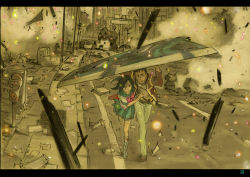 00s 1boy 1girl collateral_damage couple destruction eureka_seven eureka_seven_(series) hetero holland_novak letterboxed original protecting school_uniform serafuku talho_yuuki yoshida_ken&#039;ichi