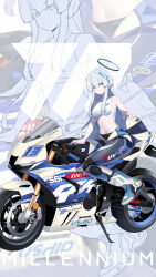 1girl anchorage_akiko bare_shoulders biker_clothes bikesuit black_bodysuit blue_archive bodysuit bodysuit_around_waist breasts closed_mouth commentary_request crop_top grey_hair halo headgear helm helmet highres long_hair medium_breasts motor_vehicle motorcycle motorcycle_helmet navel noa_(blue_archive) purple_eyes solo tank_top unworn_headwear unworn_helmet very_long_hair white_helmet white_tank_top zoom_layer