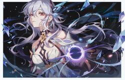 1girl bare_shoulders black_hole body_markings border breasts chromatic_aberration closed_mouth commentary dress earrings english_commentary genshin_impact glass_shards grey_hair hair_between_eyes hair_ornament highres jewelry long_hair looking_at_viewer medium_breasts pink_eyes skirk_(genshin_impact) solo upper_body very_long_hair white_border white_dress zerotabi1210