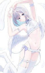 1girl absurdres alternate_costume arms_up bare_shoulders blue_hair blush colored_inner_hair commentary_request crop_top four-finger_heart_hands garter_straps green_eyes grey_hair heart heart_hands highres kaga_sumire looking_at_viewer mole mole_under_eye multicolored_hair navel open_mouth puni_(yuuki-0215) solo thighhighs two-tone_hair virtual_youtuber vspo! white_background white_thighhighs white_wings wings