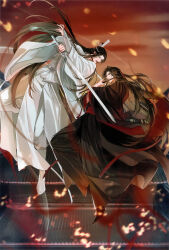 Rule 34 | 2boys, absurdres, architecture, battle, bishounen, black boots, black hair, black hanfu, blurry, blurry background, boots, chinese clothes, closed mouth, colored smoke, dizi, duel, east asian architecture, embers, energy, evening, falling leaves, fire, floating, floating clothes, floating hair, flute, flute tassel, full body, hair down, hair ribbon, half updo, hanfu, headband, highres, holding, holding flute, holding instrument, holding sword, holding weapon, instrument, jian (weapon), lan wangji, leaf, long hair, long sleeves, looking at another, male focus, mg ms dayo, modao zushi, multiple boys, official alternate hairstyle, official art, open mouth, orange sky, outdoors, red eyes, red ribbon, red sash, ribbon, robe, sash, sky, sleeves past wrists, smile, smoke, sword, sword tassel, tassel, third-party source, topknot, transverse flute, very long hair, weapon, wei wuxian, wei wuxian (yiling laozu), white boots, white hanfu, white headband, wide sleeves, xiao guan (headdress), yellow eyes