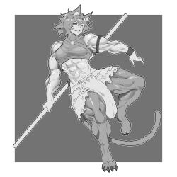 1girl abs animal_ears armlet barefoot border cat_ears cat_tail commentary english_commentary facial_mark furry furry_female grey_background greyscale highres holding holding_staff jewelry loincloth monochrome muscular muscular_female niandni original skirt smile solo staff tail tribal whisker_markings white_border