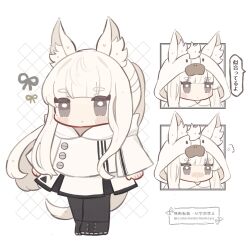 1girl animal_ear_fluff animal_ears arknights black_boots black_pantyhose blush blush_stickers boots chibi closed_mouth commentary_request grey_eyes highres horse_ears horse_girl horse_tail jacket lace-up_boots long_hair multiple_views nose_blush pantyhose platinum_(arknights) pleated_skirt short_eyebrows skirt someyaya standing tail thick_eyebrows translation_request twitter_username very_long_hair watermark white_hair white_jacket white_skirt