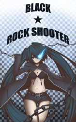 Rule 34 | 10s, 1girl, bad id, bad pixiv id, belt, black hair, black rock shooter, black rock shooter (character), blue eyes, breasts, chain, cleavage, denim, denim shorts, female focus, highres, long hair, medium breasts, midriff, nacl, scar, shokuen shiwe, shorts, solo, standing, twintails