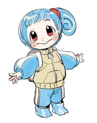 1girl :&gt; backpack bag blue_footwear blue_hair blue_shorts blue_sleeves brown_bag child dancho_no_mori full_body game_freak gen_1_pokemon hands_up jacket long_sleeves looking_at_viewer nintendo outstretched_arms personification pokemon red_eyes short_hair shorts side_ponytail simple_background solo spread_arms squirtle standing white_background zipper