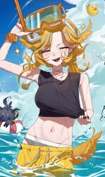 Rule 34 | 1girl, absurdres, bird, black nails, blonde hair, blue sky, blush, breasts, closed eyes, cloud, commentary, d4kou16, diving mask, diving mask on head, doki amber doge (dokibird), dokibird (vtuber), dokibird (vtuber) (summer), dragoon (dokibird), ear piercing, eyelashes, feather hair, goggles, goggles on head, happy, highres, indie virtual youtuber, jewelry, male swimwear, midriff, nail polish, navel, necklace, official alternate costume, open mouth, pendant, piercing, pointy ears, ponytail, scrunchie, shiny skin, shirt, shorts, sky, smile, snorkel, snorkel mask, solo, sparkle, summer, swim trunks, virtual youtuber, wading, water balloon, wet, wet clothes, wrist scrunchie, yellow bird, yellow shorts, yellow swim trunks
