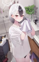 1girl alternate_costume bathroom black_panties blue_archive blush cat closed_mouth collarbone demon_girl demon_horns demon_wings drying drying_hair ear_blush ear_piercing hair_between_eyes highres holding holding_own_hair holding_towel horns jmao kayoko_(blue_archive) long_hair looking_at_viewer mole mole_on_collarbone no_pants panties piercing red_eyes shirt sidelocks single_wing solo sweatdrop towel underwear white_shirt wings