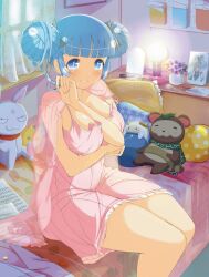 1girl animal animal_ears aria_(senran_kagura) arm_between_breasts beamed_eighth_notes bedroom between_breasts blue_eyes blue_hair blunt_bangs blush breasts bucket chiyo_(senran_kagura) cleavage cosmetics cow cow_ears cow_horns curtains double_bun eighth_note floral_print flower flower_pot food_print frilled_nightgown frilled_pillow frills fuga_(senran_kagura) hair_bun hair_ornament horns in_bucket in_container indoors kanon_(senran_kagura) kosuzu_(senran_kagura) large_breasts leaf loaded_interior macaron_print mirror musical_note musical_note-shaped_pupils musical_note_print nightgown ninto_(senran_kagura) official_art on_bed paper pencil photo_(object) picture_frame pillow pink_nightgown plant polka_dot potted_plant purple_flower quarter_note rabbit rabbit_ears raccoon raccoon_ears raccoon_tail red_eyes senran_kagura senran_kagura_new_wave sheet_music shelf shiny_skin short_hair shuriken shuriken_hair_ornament sitting smile solo symbol-shaped_pupils tail weapon window windowsill yaegashi_nan
