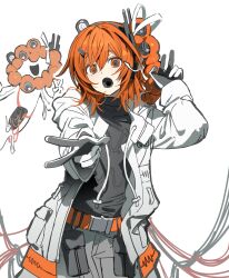 1girl a.i._voice absurdres adachi_rei black_shirt coat gloves highres looking_at_viewer medium_hair natwjeq open_mouth orange_eyes orange_hair shirt simple_background solo upper_body utau white_background white_coat white_gloves