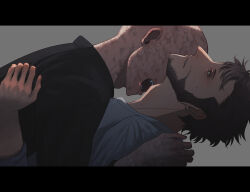 2boys bags_under_eyes bald beard black_shirt blush brown_hair commentary_request deadpool deadpool_&amp;_wolverine deadpool_(series) doghooouse facial_hair fangs green_eyes highres imminent_bite male_focus marvel marvel_cinematic_universe multiple_boys muscular muscular_male open_mouth scar scars_all_over shirt short_hair sweat teeth too_many wolverine_(x-men) x-men yaoi