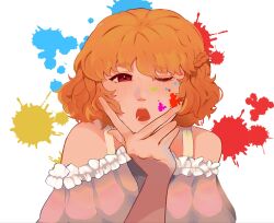 Rule 34 | 1girl, between fingers, braid, dolpxler, frilled shirt, frills, highres, holding, looking at viewer, medium hair, off-shoulder shirt, off shoulder, one eye closed, open mouth, orange hair, our life, our life: now and forever, paint splatter, paint splatter on face, red eyes, shirt, solo, sparkling eyes, tamarack baumann, v