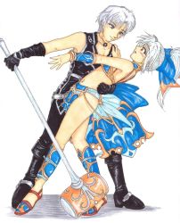 1boy 1girl blush bow dancing game_console gloves hammer hetero hug leather lloyd meru_(dragoon) ponytail red_eyes ribbon silver_hair smile the_legend_of_dragoon wingly wristband