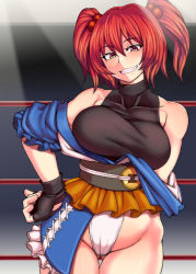 1girl adapted_costume asymmetrical_clothes bare_shoulders breasts female_focus fingerless_gloves gloves grin hair_bobbles hair_ornament hand_on_own_hip kupala large_breasts leotard onozuka_komachi red_hair short_hair sleeveless smile solo thighhighs touhou turtleneck two_side_up wrestling_outfit wrestling_ring