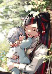 2boys against_tree ahoge baby bib black_hair black_nails blue_eyes blunt_bangs blunt_ends brown_vest closed_eyes fangs field flower flower_field frilled_sleeves frills furrowed_brow grass grey_hair hair_horns hand_on_another&#039;s_face high_collar highres holding_baby lilia_vanrouge long_hair long_sleeves looking_at_another male_focus multicolored_hair multiple_boys onesie open_mouth outdoors pacifier pajamas pointy_ears ponytail red_hair short_hair sidelocks silver_(twisted_wonderland) sitting streaked_hair sweat tobidayooon tree twisted_wonderland vest