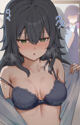 2girls :o ? @_@ absurdres armpit_crease black_bra blurry blurry_background blush bra breasts cleavage collarbone gakuen_idolmaster green_eyes green_hair hair_between_eyes hair_flaps hataya_misuzu highres hypnosis hypnosis_app idolmaster indoors lace lace-trimmed_bra lace_trim large_breasts long_hair looking_down mind_control mirror multiple_girls open_clothes opened_by_self parted_lips reflection shirt sidelocks ssa_tknh strap_slip sweat tsukimura_temari underwear upper_body white_shirt