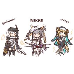 3girls armor armored_boots blonde_hair blue_eyes boned_meat boots braid cloak clothing_cutout copyright_name cross dog_tags food full_body goddess_of_victory:_nikke grey_hair hair_between_eyes hat highres holding holding_staff japanese_armor jingasa large_hat long_hair meat multiple_girls natsuyagi nun open_mouth rapunzel_(nikke) scarlet_(nikke) shoulder_armor single_braid smile snow_white_(nikke) sparkle sparkling_aura staff sword twitter_username very_long_hair visor_(armor) weapon white_background white_cloak white_hair yellow_eyes