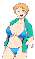 1girl :d bikini blue_bikini breasts cowboy_shot dated green_sweater hands_in_pockets large_breasts light_blush looking_at_viewer mole mole_on_breast navel open_mouth orange_eyes orange_hair original short_hair signature simple_background smile stomach sweater swimsuit teeth thighs tongue tsukudani_(coke-buta) tsurime-chan upper_teeth_only white_background