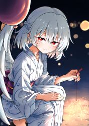 1girl back_bow balloon black_sandals bow braid bright_pupils closed_mouth collarbone commentary_request commission feathered_wings fireworks grey_hair grey_kimono half_up_braid highres japanese_clothes kimono kishin_sagume light_smile looking_at_viewer night obi obijime outdoors purple_sash red_eyes sandals sash scavia10 senkou_hanabi short_hair single_wing skeb_commission solo sparkler squatting three-quarter_sleeves touhou white_pupils white_wings wide_sleeves wings yukata