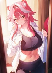 1girl absurdres animal_ear_fluff animal_ears black_pants black_sports_bra breasts cat_ears cat_girl closed_mouth doorway hair_intakes highres hololive hololive_english jiang_ye_kiri large_breasts looking_at_viewer multicolored_hair open_clothes open_shirt pants pink_hair raora_panthera shirt smile solo sports_bra streaked_hair virtual_youtuber white_shirt yellow_eyes