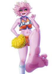 Rule 34 | 1girl, absurdres, ashido mina, bare arms, bare shoulders, barefoot, black sclera, blue choker, blue shirt, blush, boku no hero academia, breasts, cheerleader, choker, collarbone, colored sclera, colored skin, eyebrows, eyelashes, female focus, foot focus, from below, hand on own hip, hand up, hassylep, highres, horns, knee up, looking at viewer, looking down, medium breasts, multicolored shirt, naughty face, navel, official alternate costume, open mouth, orange shirt, orange skirt, pink hair, pink skin, pom pom (cheerleading), shirt, short hair, simple background, skirt, sleeveless, sleeveless shirt, smile, smug, socks, solo, standing, standing on one leg, teeth, toes, upper teeth only, wavy hair, white background, white shirt, white socks, yellow eyes