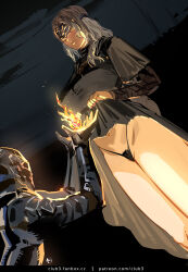 1girl 1other armor ashen_one_(dark_souls) black_dress black_panties blindfold breasts clothes_lift club3 commentary_request dark_souls_(series) dark_souls_iii dress dress_lift female_pubic_hair fire fire_keeper full_armor grey_hair helmet highres large_breasts long_hair navel panties pubic_hair pubic_hair_peek smile underwear