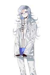 1girl aotsuki_eito black_gloves blue_eyes book commentary_request cowboy_shot drawstring eyelashes film_grain glasses gloves grey_hair highres holding holding_book jacket kurenaikiyumi long_hair long_sleeves pants pocket semi-rimless_eyewear sidelocks simple_background sleeves_past_wrists solo the_hundred_line_-last_defense_academy- white_background white_jacket white_pants