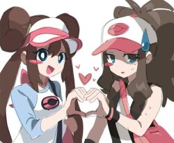 2girls bare_shoulders black_vest blue_shirt blush_stickers breasts brown_hair donut double_bun food hair_bun hat heart heart_hands heart_hands_duo high_ponytail highres hilda_(pokemon) long_hair medium_breasts multiple_girls nintendo poke_ball_print pokemon pokemon_bw pokemon_bw2 ponytail qnqn_1020 rosa_(pokemon) shirt simple_background upper_body vest visor_cap white_background white_hat white_shirt