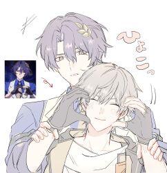 2boys arrow_(symbol) asymmetrical_gloves black_coat black_gloves blue_shirt blush caelus_(honkai:_star_rail) closed_eyes closed_mouth coat collarbone collared_shirt commentary_request dr._ratio_(honkai:_star_rail) eyeshadow fingerless_gloves gloves grey_hair hair_between_eyes hair_ornament heart heart_hands highres holding_another&#039;s_wrist honkai:_star_rail honkai_(series) lapels leaf_hair_ornament long_sleeves looking_at_another makeup male_focus mismatched_gloves multiple_boys necktie open_clothes open_coat purple_hair red_eyes red_eyeshadow sasai20240804 shirt short_hair simple_background smile t-shirt teeth trailblazer_(honkai:_star_rail) two-sided_coat two-sided_fabric upper_body vest white_background white_shirt white_vest yaoi yellow_coat yellow_necktie