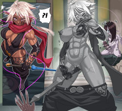 1boy 1girl abs absurdres blush breasts censored cleavage clothes_pull colored_nipples colored_skin cracked_skin dark-skinned_female dark_elf dark_nipples dark_skin dungeon_and_fighter elf elf_ear facepaint facial_tattoo female_focus female_masturbation gamjasssak grey_skin highres human_puppet magic masturbation muscular muscular_female nipple_stimulation nipples no_iris no_pupils nude object_insertion pants pants_pull partially_undressed petrification pointy_ears pupiless_eyes puppet_strings pussy revealing_clothes statue stone_skin string sword_hilt tattoo thief_(dungeon_and_fighter) transformation undressing vaginal vaginal_object_insertion white_hair
