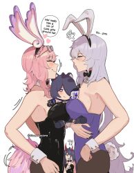 3girls ? ?? acheron_(honkai:_star_rail) animal_ears armpits arms_at_sides bare_arms bare_shoulders between_breasts black_hair black_swan_(honkai:_star_rail) blush bow bowtie braid breast_press breasts character_doll chibi closed_eyes closed_mouth cosplay cyrene_(honkai:_star_rail) detached_collar eyewear_on_head face-to-face fake_animal_ears fake_tail fingernails food_in_mouth grey_hair hair_over_one_eye hairband half-closed_eye hand_on_own_hip heart highres honkai:_star_rail honkai_(series) horns implied_yuri large_breasts leotard long_hair looking_at_viewer mem_(honkai:_star_rail) mem_(honkai:_star_rail)_(cosplay) multiple_girls nail_polish pantyhose pink_background pink_hair playboy_bunny rabbit_ears rabbit_tail red_horns sideboob simple_background sleepy_kaslana smile strapless strapless_leotard sweat symmetrical_docking tail twitter_username very_long_hair wrist_cuffs