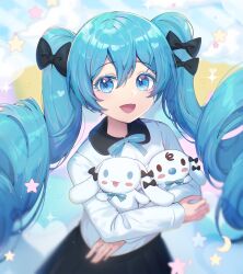 1girl :d absurdres aqua_hair black_bow black_skirt blue_eyes blurry blurry_background bow cinnamoroll cloud colored_eyelashes crescent hair_between_eyes hair_bow hatsune_miku heart highres holding kozou_kazaru long_sleeves looking_at_viewer open_mouth sanrio shirt skirt sleeves_past_wrists smile star_(symbol) twintails vocaloid white_shirt