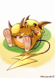absurdres brown_eyes closed_eyes closed_mouth commentary_request full_body gen_1_pokemon grass highres looking_at_another lying nintendo no_humans on_back on_grass on_stomach open_mouth partial_commentary pokemon pokemon_(creature) pokemon_focus raichu signature sleeping sleeping_on_person smile twitter_username watagashikn white_background