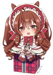 1girl alternate_hairstyle animal_ears bonnet box brown_eyes brown_hair chibi commentary_request gift gift_box hair_ornament horse_ears horse_tail long_hair looking_at_viewer mejiro_bright_(starry_snow_lolita)_(umamusume) mejiro_bright_(umamusume) open_mouth sitting solo tachikawa_kousuke tail twintails umamusume white_background