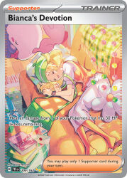 artist_name beret bianca_(pokemon) blanket blonde_hair blush blush_stickers book card_(medium) character_name closed_eyes company_name copyright_name copyright_notice couch dress english_text envelope eyelashes floating gen_5_pokemon glasses green_bag green_hat hat indoors key lying medium_hair musharna nintendo nitanda_cona official_art on_couch on_side open_mouth orange_pantyhose orange_vest pantyhose pillow pokemon pokemon_(creature) pokemon_card pokemon_tcg pomeon_bow red-framed_eyewear rug shoes short_sleeves sleeping table third-party_source trading_card unworn_eyewear vest wax_seal white_dress window_shadow xtransciever