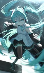 Rule 34 | 1girl, absurdres, ahoge, aqua eyes, aqua hair, aqua nails, aqua necktie, black skirt, boots, breasts, collared shirt, detached sleeves, hair between eyes, hair ornament, hatsune miku, headphones, highres, long hair, long sleeves, looking at viewer, mayou940114, medium breasts, miniskirt, necktie, number tattoo, open mouth, pleated skirt, shirt, skirt, sleeveless, sleeveless shirt, solo, tattoo, thigh boots, twintails, very long hair, vocaloid, white shirt, wide sleeves