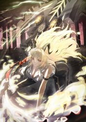 1girl absurdres black_choker black_gloves black_pants blonde_hair breasts choker closed_mouth collarbone commentary gloves greatsword hair_between_eyes hashtag-only_commentary highres holding holding_sword holding_weapon large_breasts long_hair looking_at_viewer necktie necktie_around_wrists pants red_eyes red_necktie revision shirt solo sword tight_clothes tight_pants torn_clothes torn_shirt weapon white_shirt wuthering_waves yonemasakouta zani_(wuthering_waves)