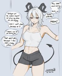 1girl alternate_costume bare_shoulders black_horns black_shorts black_tail breasts camisole cleavage collarbone commentary cowboy_shot crop_top curled_horns dated demon_tail english_commentary english_text highres horns kakesu2396 large_breasts long_hair looking_at_viewer midriff navel parted_lips red_eyes shorts signature solo tail white_camisole white_hair wuthering_waves zani_(wuthering_waves)