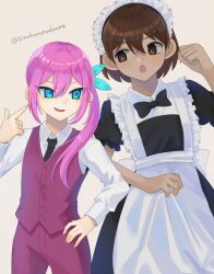 1boy 1girl alternate_costume artist_name aubrey_(faraway)_(omori) aubrey_(omori) black_necktie blue_eyes blue_ribbon bright_pupils brown_eyes brown_hair butler collared_shirt dark-skinned_male dark_skin enmaided female_butler grey_background hair_ribbon hand_on_own_hip highres kel_(faraway)_(omori) kel_(omori) long_hair long_sleeves looking_at_another maid maid_headdress necktie omori open_mouth pants pink_hair ponytail puffy_short_sleeves puffy_sleeves red_pants ribbon shirt short_hair short_sleeves simple_background sirokuronodoame smile sweatdrop white_pupils white_shirt
