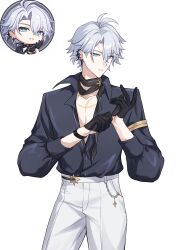 1boy absurdres adjusting_clothes adjusting_gloves ahoge black_gloves black_shirt blue_eyes chinese_commentary chuideng commentary_request ear_piercing gloves highres honkai:_star_rail honkai_(series) male_focus official_alternate_costume pants parted_lips phainon_(fashion)_(honkai:_star_rail) phainon_(honkai:_star_rail) piercing reference_inset shirt simple_background solo white_background white_hair white_pants
