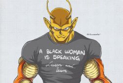 1boy antennae bald black_shirt closed_mouth colored_skin dragon_ball frown furrowed_brow highres kurrrto male_focus meme_attire muscular muscular_male orange_piccolo orange_skin piccolo pointy_ears shirt short_sleeves simple_background solo t-shirt twitter_username white_background