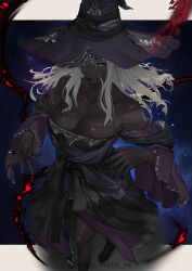 1girl absurdres bare_shoulders black_dress black_hat black_skin breasts collarbone colored_skin commentary dark-skinned_female dark_skin dress elden_ring elden_ring_nightreign grey_eyes hat highres kagematsuri large_breasts large_hat long_hair long_sleeves recluse_(elden_ring) solo twitter_username white_hair witch witch_hat