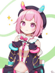 1girl bare_shoulders black_gloves black_hat black_jacket blunt_bangs blush blush_stickers bow bowtie bracelet closed_mouth commentary_request eyelashes fake_antennae gloves hat highres index_fingers_together jacket jewelry midriff navel official_alternate_costume ootori_emu open_clothes open_jacket perspective_for_smile_(project_sekai) pink_bow pink_bowtie pink_eyes pink_hair pon2023 project_sekai shirt short_hair signature simple_background skirt sleeveless sleeveless_shirt solo sparkle white_background white_bow white_bowtie white_shirt