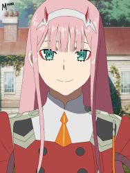 1girl amateur darling_in_the_franxx female_focus green_eyes highres horns long_hair looking_at_viewer mihai oni_horns pink_hair red_horns smile solo uniform zero_two_(darling_in_the_franxx)