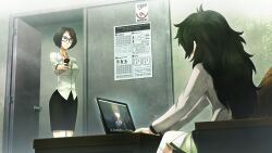 3girls aiming at_gunpoint black_hair black_skirt bob_cut breasts brown_hair cleavage clothing_request coat collar collarbone collared_shirt computer dress ears_visible_through_hair from_side game_cg green_collar green_dress green_hair green_trim grey_jacket gun hair_between_eyes highres hiyajou_maho holding holding_gun holding_weapon huke indoors jacket jacket_over_dress judy_reyes kneehighs lab_coat lapels laptop long_hair long_sleeves makise_kurisu makise_kurisu_(amadeus) mature_female medium_breasts messy_hair miniskirt multiple_girls necktie notched_lapels official_art open_collar purple_eyes red_necktie ringed_eyes shirt short_hair sitting skirt small_breasts socks steins;gate steins;gate_0 very_long_hair weapon white_coat white_shirt white_socks