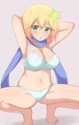 Rule 34 | 1girl, armpits, arms up, barefoot, blonde hair, blush, bra, breasts, cleavage, feet, flower, flower on head, gabriel dropout, green eyes, hair ornament, highres, long hair, looking at viewer, nyaroon, panties, solo, squatting, sweatdrop, tapris chisaki sugarbell, toes, underwear, underwear only
