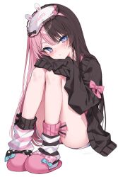 1girl asymmetrical_legwear black_jacket blue_eyes blush bow brown_hair closed_mouth full_body highres jacket long_hair looking_at_viewer mask mask_on_head mismatched_legwear multicolored_hair pink_bow pink_hair shu_bii sitting sleep_mask sleeves_past_fingers sleeves_past_wrists slippers socks solo split-color_hair striped_clothes striped_socks sweatdrop tachibana_hinano tachibana_hinano_(5th_costume) two-tone_hair virtual_youtuber vspo! white_background