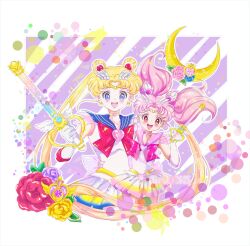 2girls :d bishoujo_senshi_sailor_moon blonde_hair blue_eyes chibi_moon_kaleido_scope_(sailor_moon_eternal) chibi_usa crescent crescent_moon flower holding holding_weapon moon moon_kaleido_scope_(sailor_moon_eternal) mother_and_daughter mother_and_daughter_(lore) multiple_girls open_mouth pink_eyes pink_hair sailor_chibi_moon sailor_moon simple_background smile super_sailor_chibi_moon super_sailor_moon teruhii tsukino_usagi weapon white_background